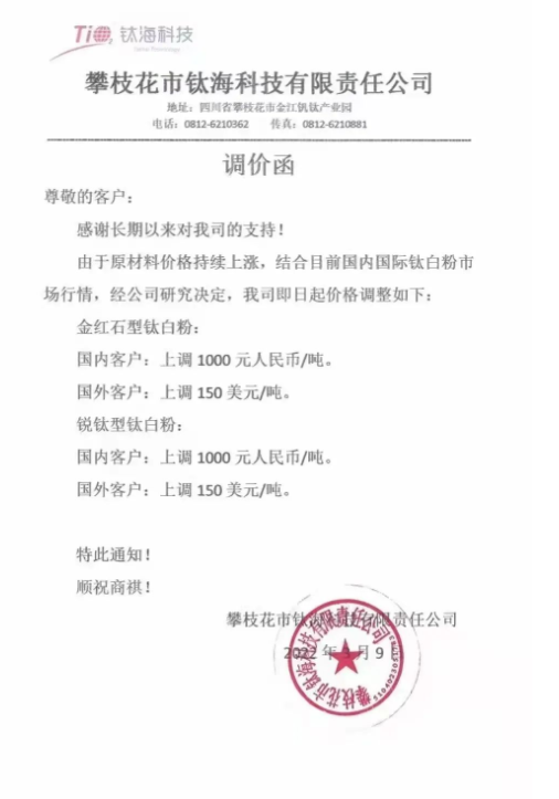 攀枝花市鈦??萍加邢挢熑喂景l(fā)布調(diào)價函稱 攀枝花市鈦海科技有限責任公司發(fā)布調(diào)價函稱
