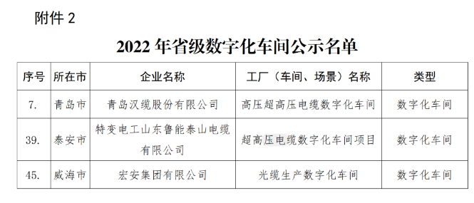 青島漢纜、特變電工山東魯能泰山電纜、宏安集團(tuán)入選2022年省級數(shù)字化車間公示名單