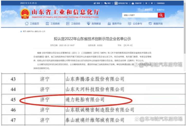 5月23日，山東省工業(yè)和信息化廳公布“2022年山東省技術(shù)創(chuàng)新示范企業(yè)”擬認(rèn)定名單，通力輪胎赫然在列。