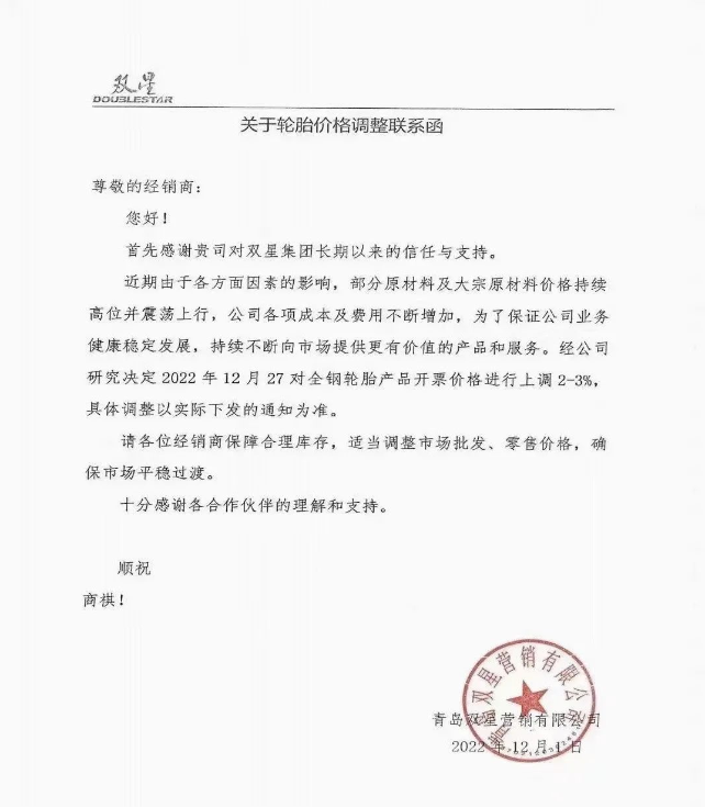 雙星、雙錢、成山、玲瓏 宣布12月份漲價