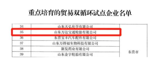 萬(wàn)達(dá)寶通輪胎公司入選山東省重點(diǎn)培育貿(mào)易雙循環(huán)試點(diǎn)企業(yè) 萬(wàn)達(dá)寶通輪胎公司入選山東省重點(diǎn)培育貿(mào)易雙循環(huán)試點(diǎn)企業(yè)