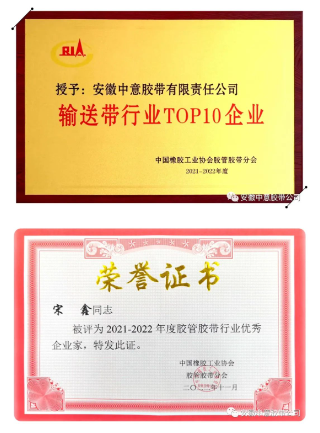 多項(xiàng)榮譽(yù)評(píng)選結(jié)果出爐，其中包括2021-2022年度“輸送帶行業(yè)TOP10企業(yè)”、“行業(yè)優(yōu)秀企業(yè)家”和“行業(yè)優(yōu)秀科技工作者”等。安徽中意膠帶公司憑借著產(chǎn)品優(yōu)勢(shì)、卓越的品牌影響力以及市場(chǎng)表現(xiàn)，連續(xù)15年榮獲“輸送帶行業(yè)十強(qiáng)企業(yè)”榮譽(yù)稱(chēng)號(hào)。此外，安徽中意膠帶公司總經(jīng)理宋鑫榮獲“優(yōu)秀企業(yè)家”稱(chēng)號(hào)，公司副總工程師袁陸海則榮獲“優(yōu)秀科技工作者”稱(chēng)號(hào)。這些殊榮的獲得，證明了安徽中意膠帶公司在行業(yè)內(nèi)的領(lǐng)先地位和卓越表現(xiàn)。