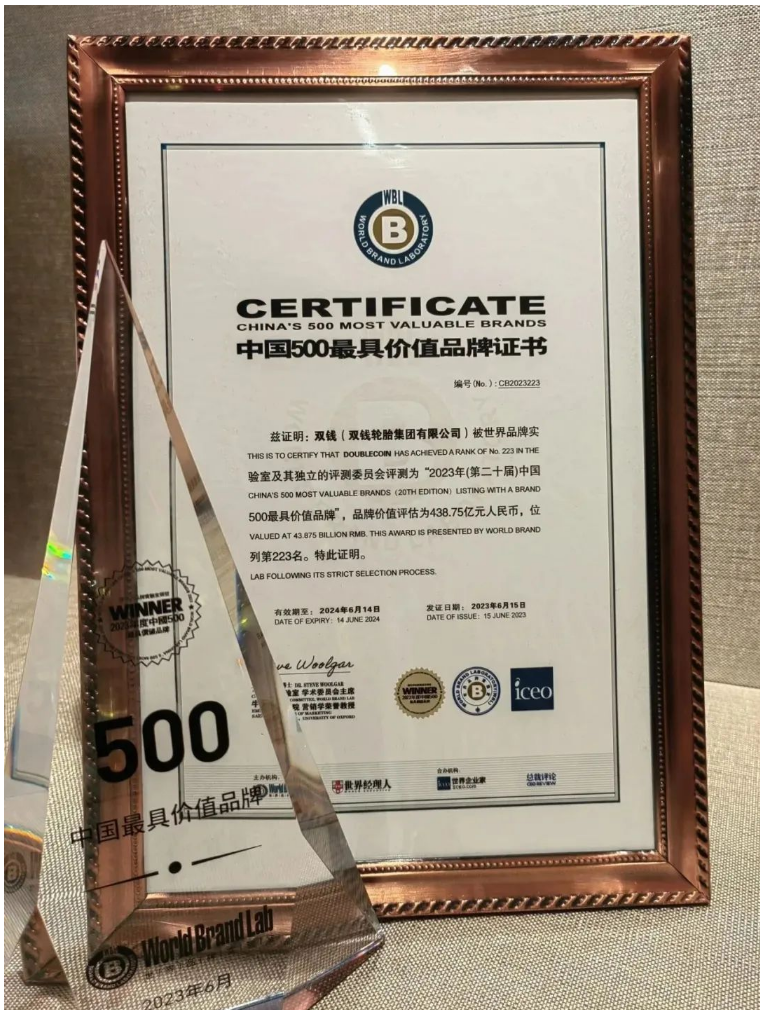 雙錢輪胎以其強(qiáng)大的品牌實(shí)力成功入選了“中國(guó)500最具價(jià)值品牌”排行榜，位列第223位，其品牌價(jià)值高達(dá)438億元。