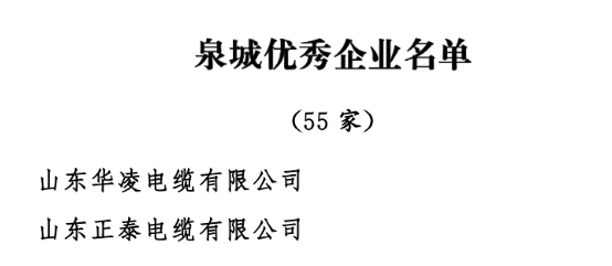 中共濟(jì)南市委、濟(jì)南市人民政府發(fā)布了《關(guān)于表彰濟(jì)南市優(yōu)秀企業(yè)和優(yōu)秀企業(yè)家的決定》，以激勵(lì)和表彰全市廣大企業(yè)和企業(yè)家在濟(jì)南經(jīng)濟(jì)社會(huì)發(fā)展中的卓越貢獻(xiàn)。經(jīng)過嚴(yán)格評(píng)選，55家企業(yè)被授予“泉城優(yōu)秀企業(yè)”稱號(hào)。其中山東華凌電纜有限公司、山東正泰電纜有限公司被授予“泉城優(yōu)秀企業(yè)”稱號(hào)。